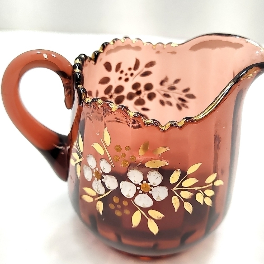 Vintage Amber Glass Serving Set – Hand-Painted Floral Butter Dish, Creamer & Cup - Picture 11 of 15